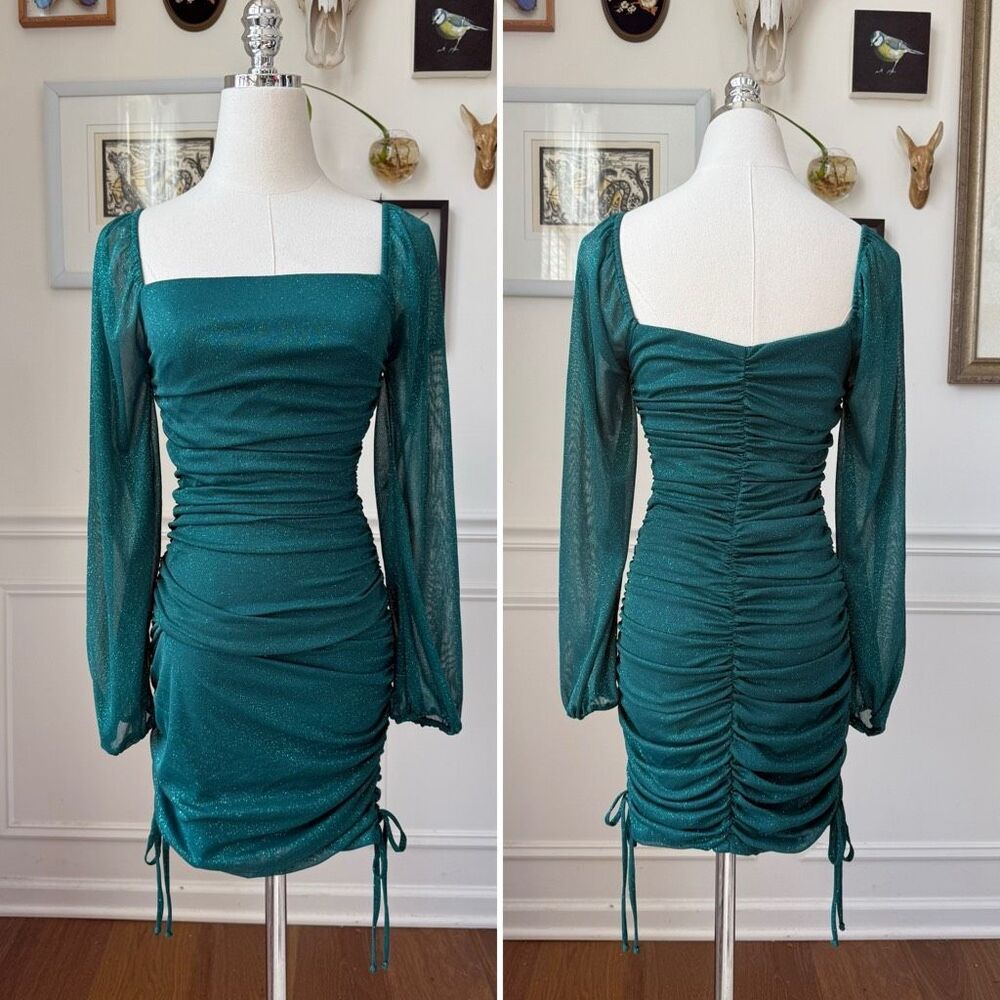 Vintage Y2K Jump Apparel Green Glitter Ruched Long Sleeve Mini Dress XS